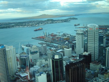 Julia Cotton; Birds Eye View; CBD, Port, Ships, Navy Base, Rangitoto make this unique city view from up one building that usually is in every shot   the Sky Tower